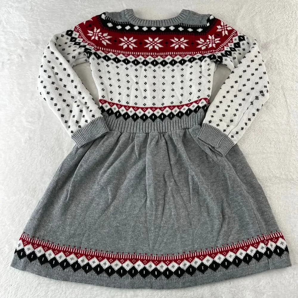 Gymboree Girl's Holiday Gray White Snowflake Cotton Knit Sweater Dress Size 7